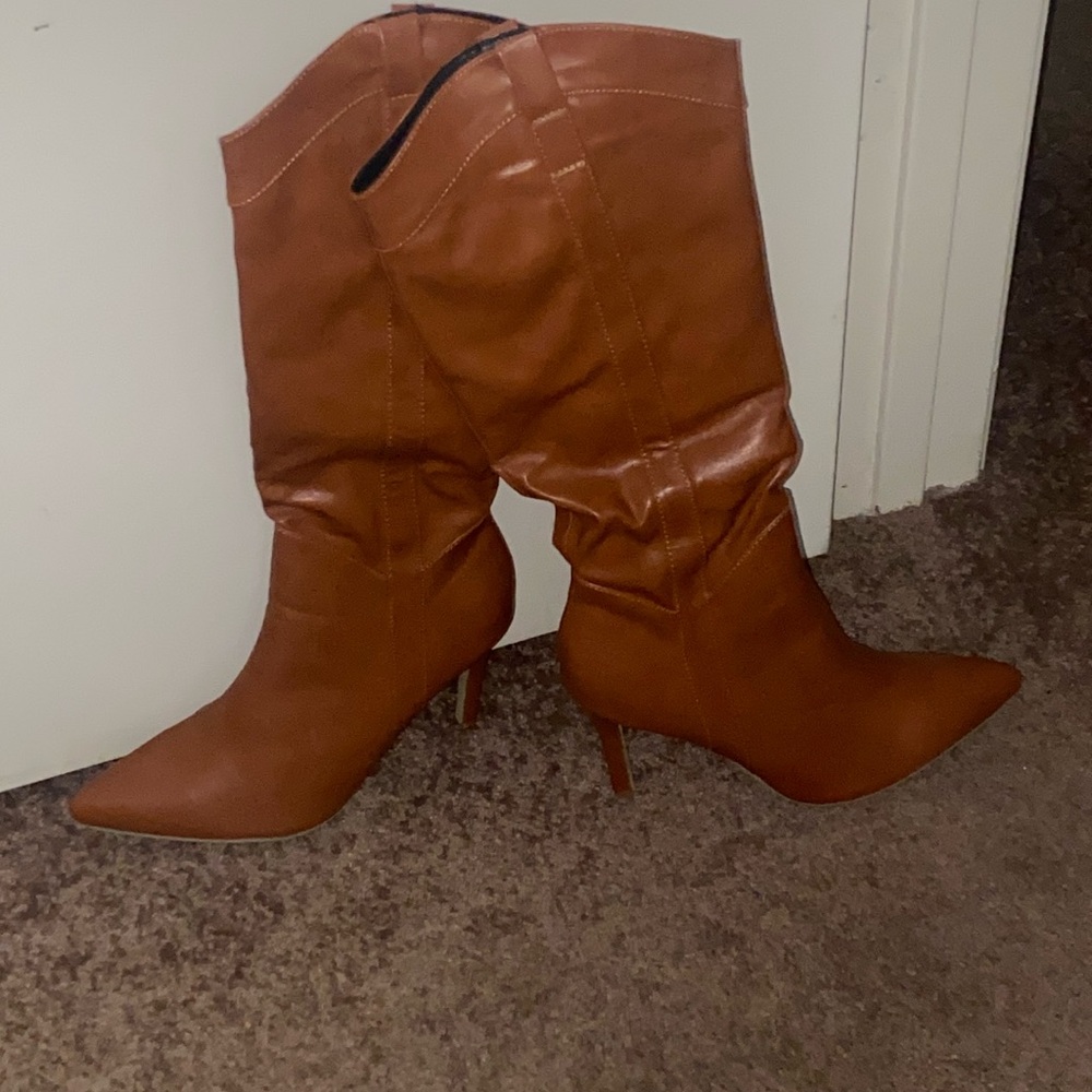 Brown Heeled Boots with High Slender Heel and Pointed Toe